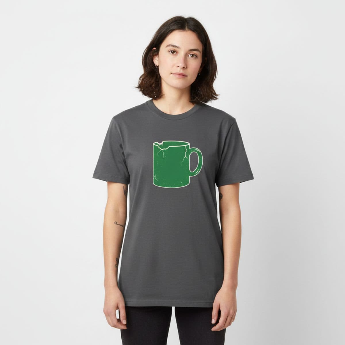 Spilling the Coffee printed on a t-shirt, worn