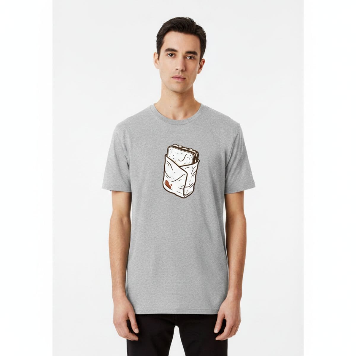 Spilling the Sandwich printed on a t-shirt, worn