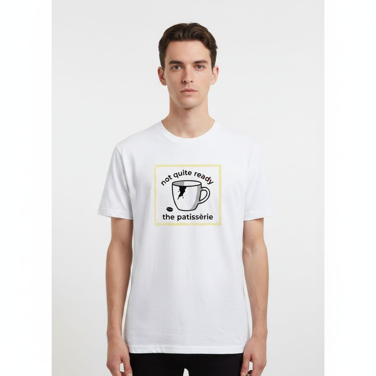 Suzanne Attempting a Smile printed on a t-shirt, worn