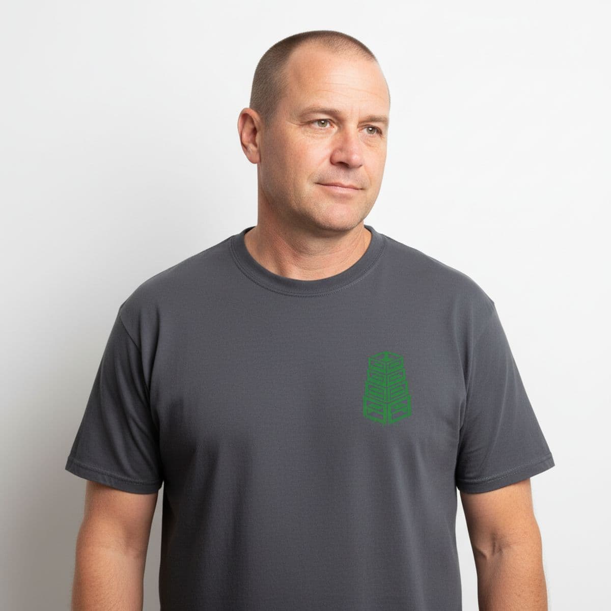 The Beige Crate Alignment printed on a t-shirt, worn