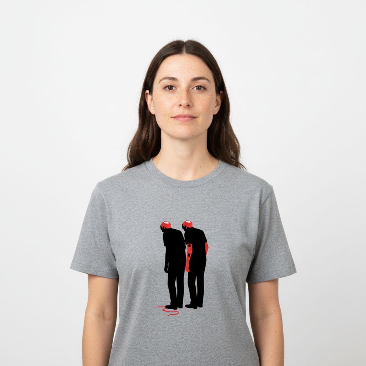 The Bus Arrived printed on a t-shirt, worn