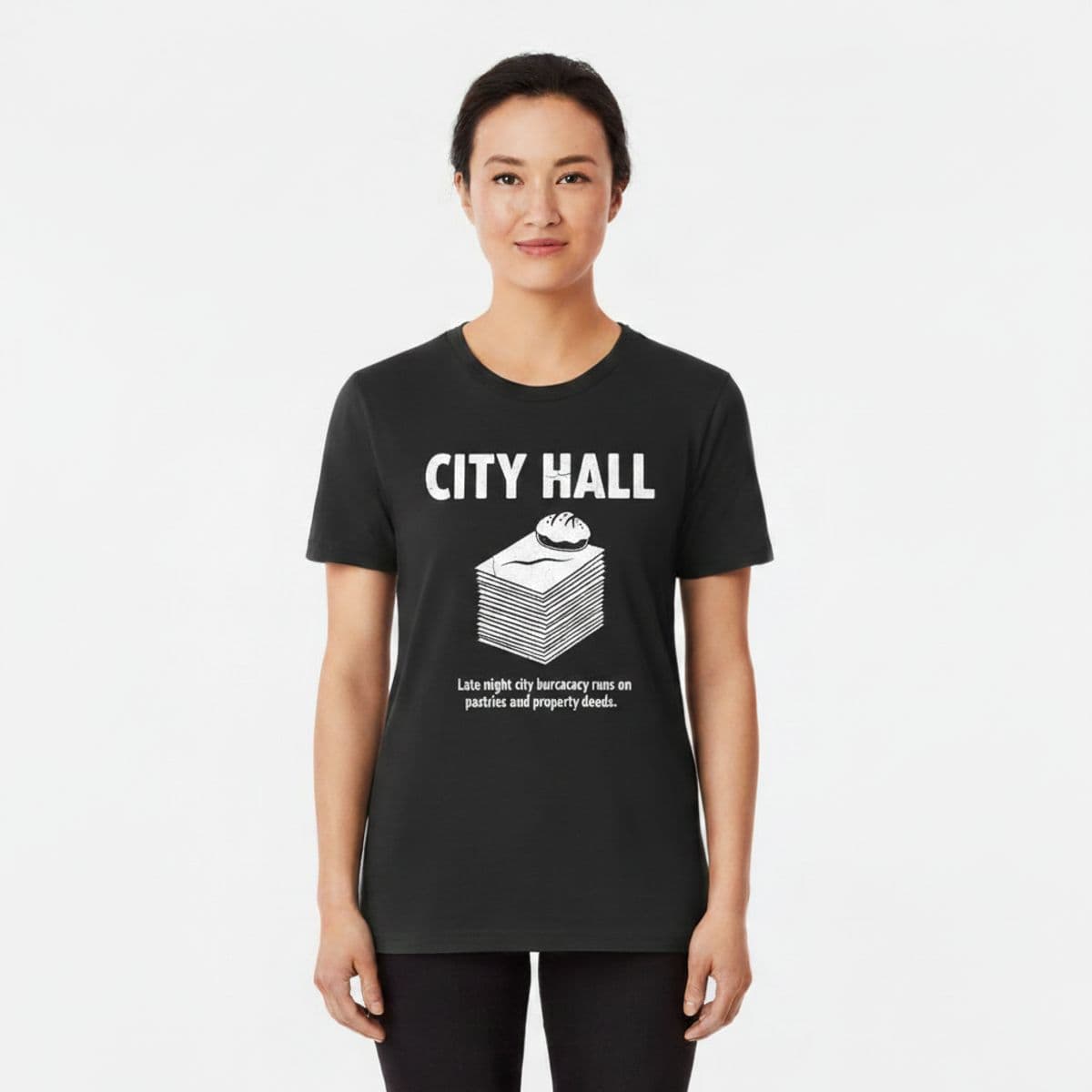 The Drone Above the Deeds printed on a t-shirt, worn