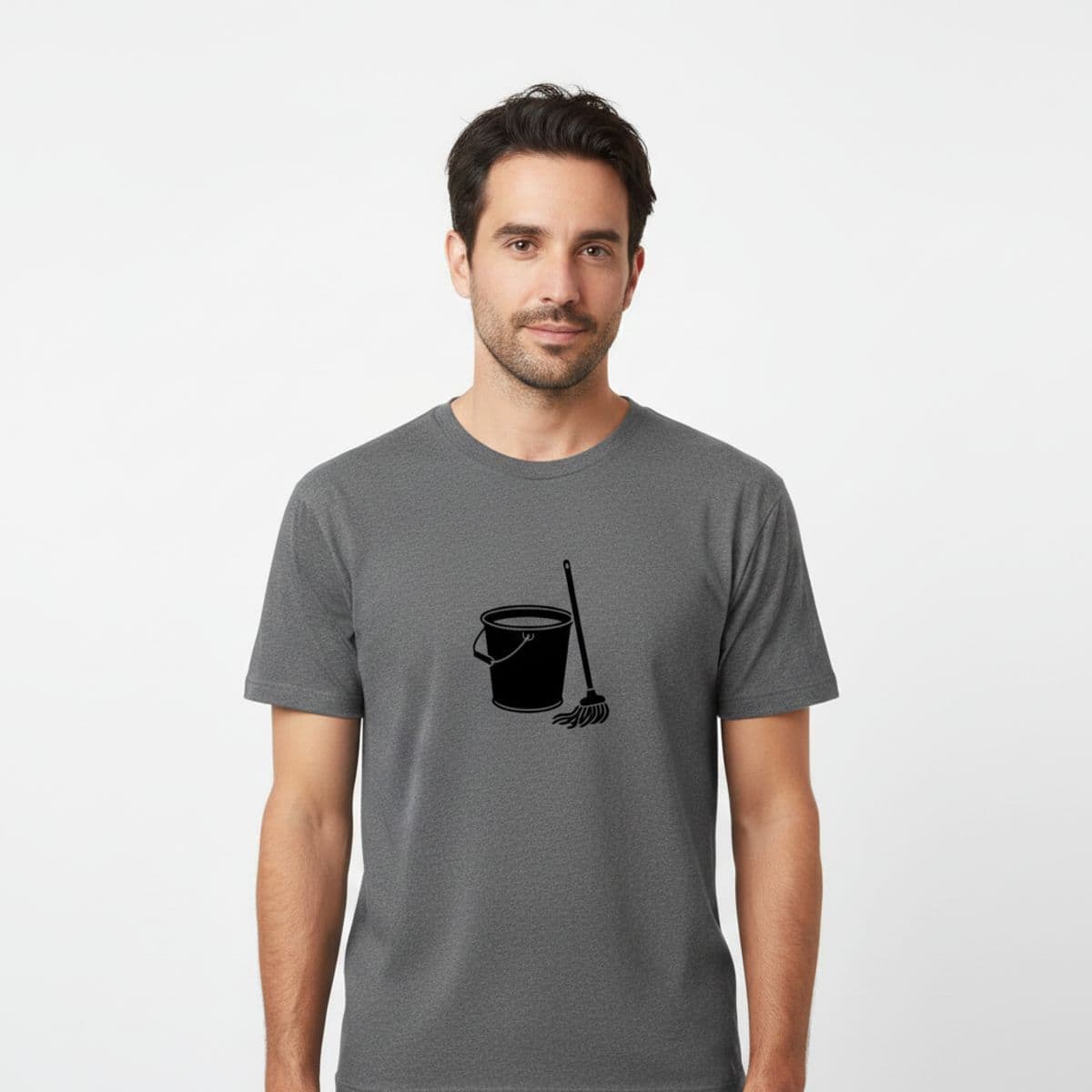 The First Cleaning of the Day printed on a t-shirt, worn