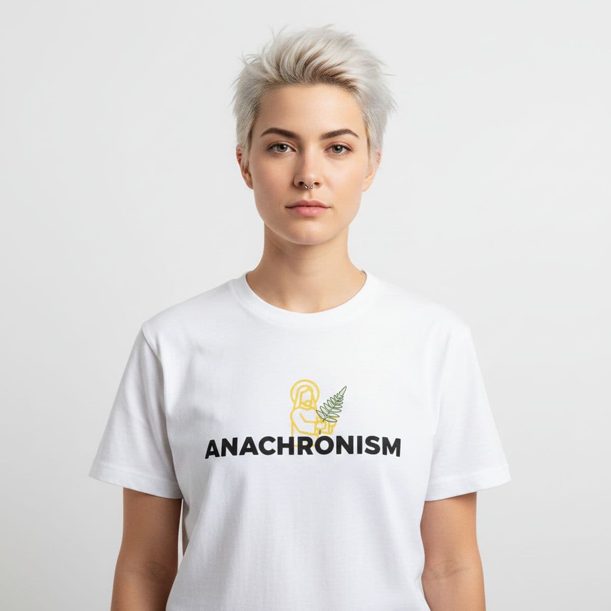 The First Text Message printed on a t-shirt, worn