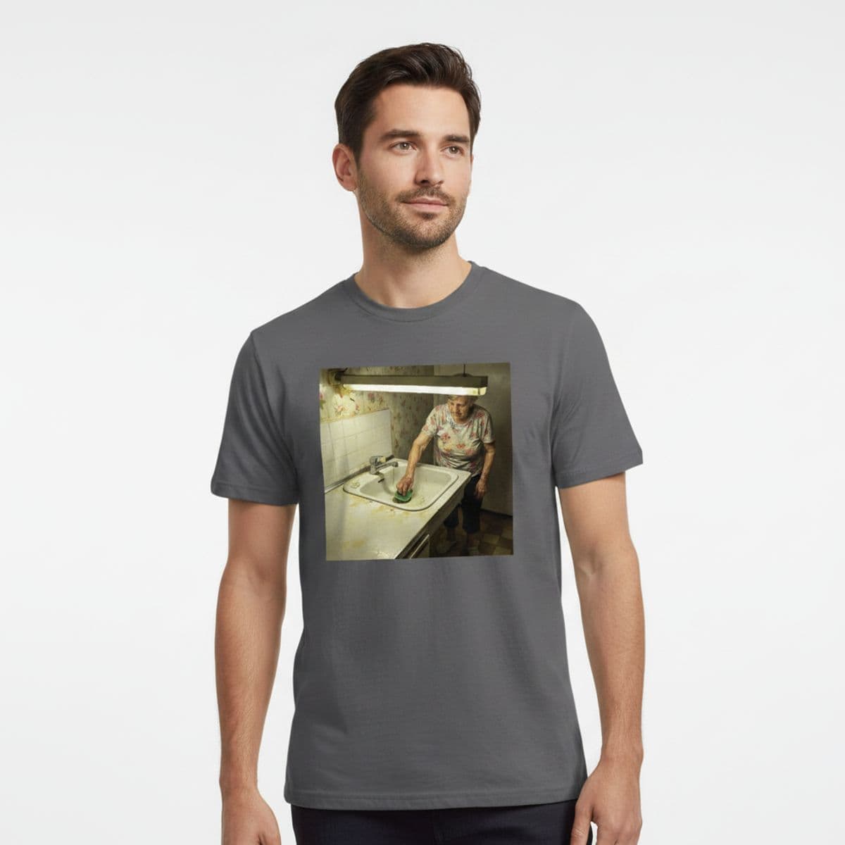 The Knuckle-Swollen Hand printed on a t-shirt, worn