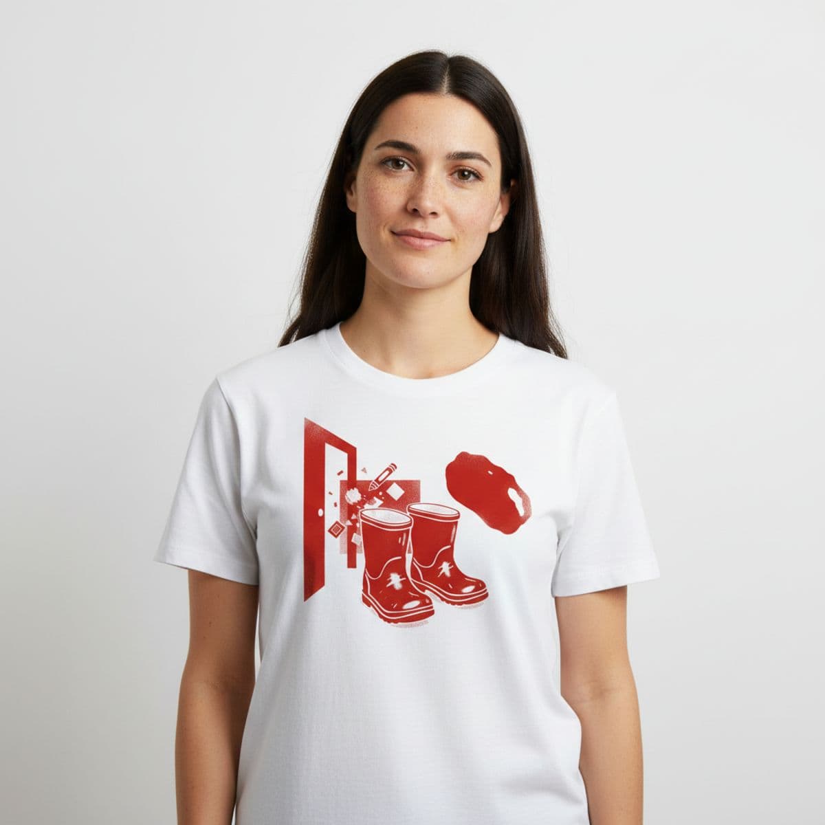 The Muddy Wellington Boots printed on a t-shirt, worn