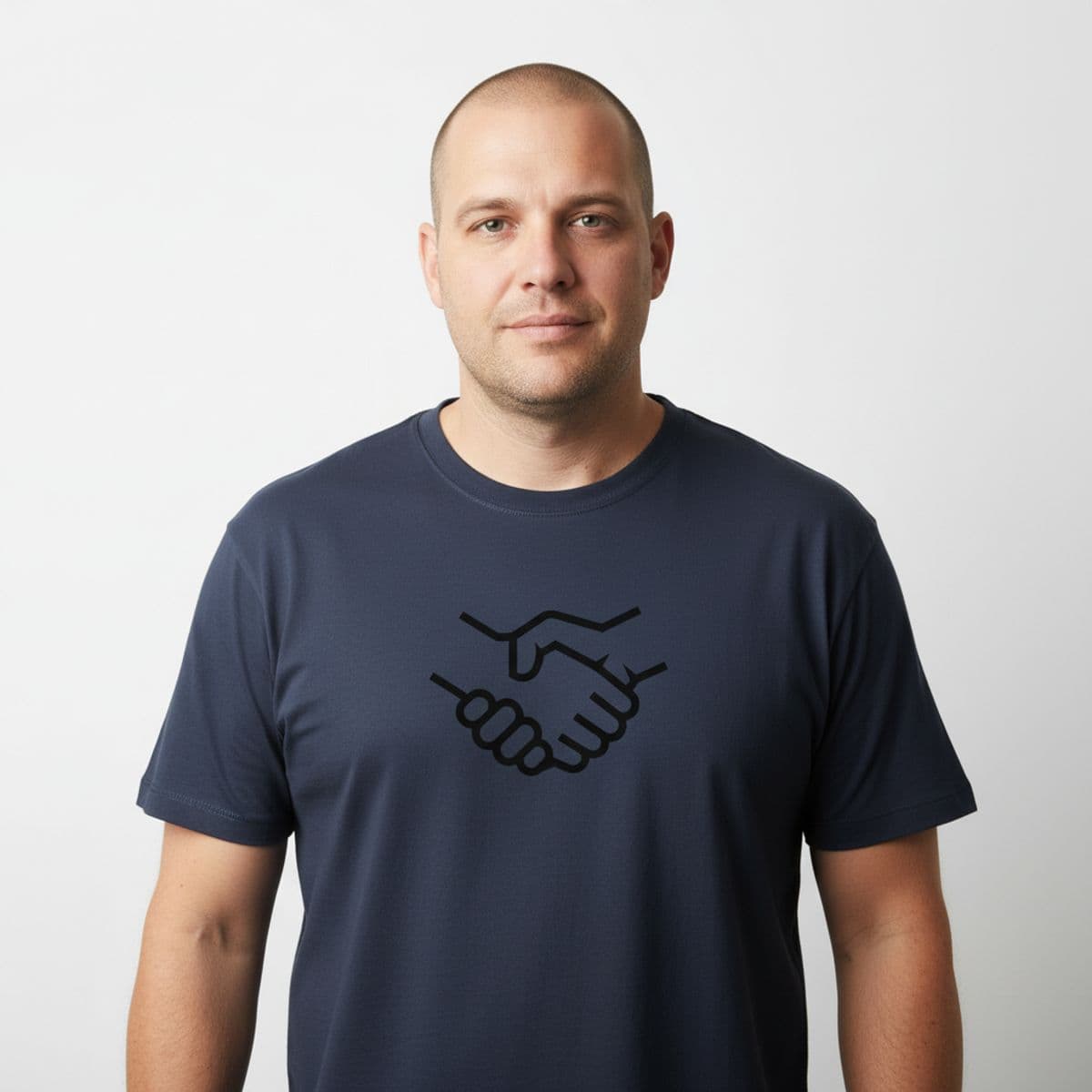 The Neighbor Gripping Hands printed on a t-shirt, worn
