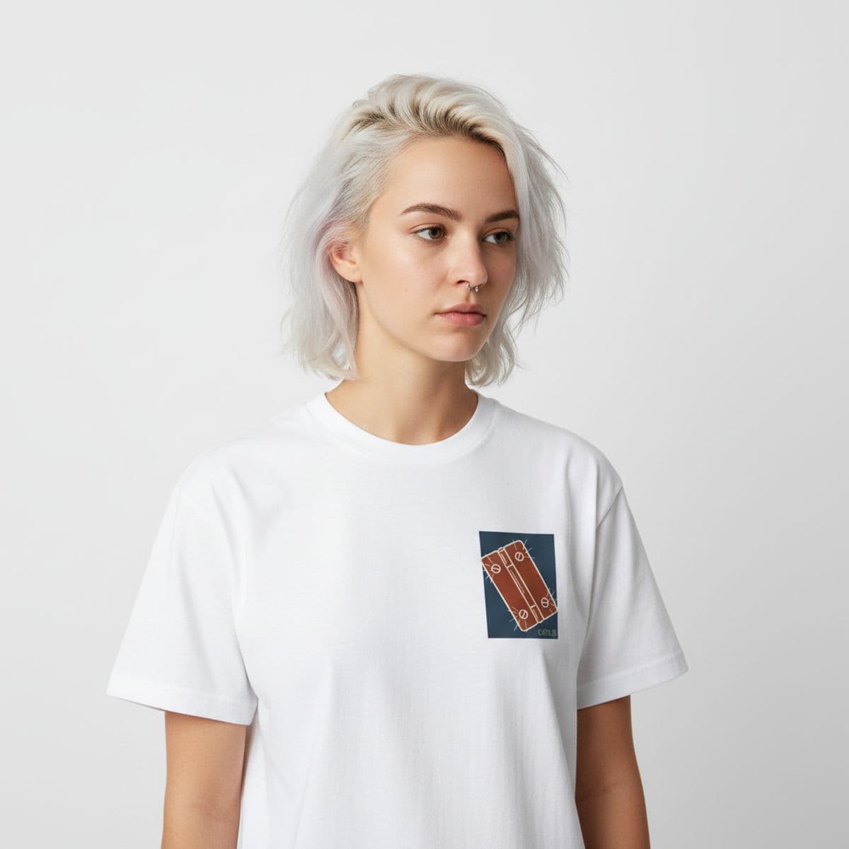 The Orange Hinge printed on a t-shirt, worn