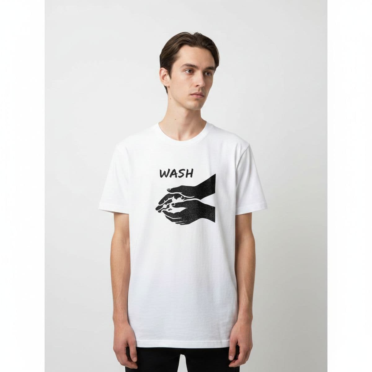 The Sign Barely Holds On printed on a t-shirt, worn