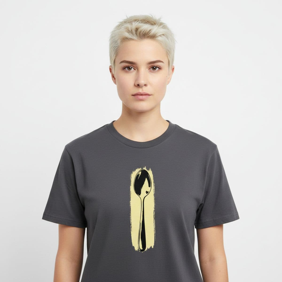 The Smudged Arc of a Hand printed on a t-shirt, worn