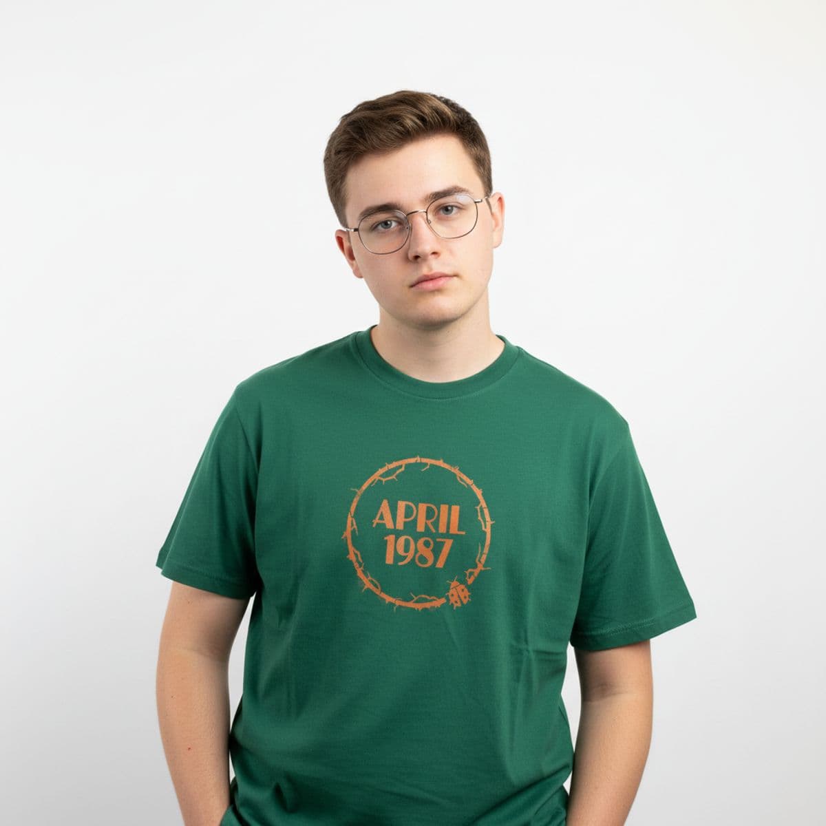 The Stout Man Observing printed on a t-shirt, worn