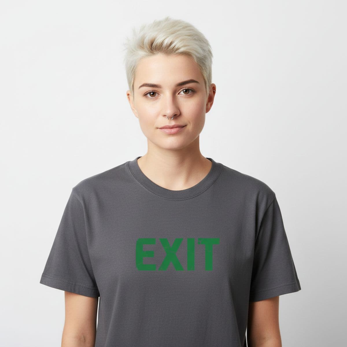 The Student and the Exit Bar printed on a t-shirt, worn