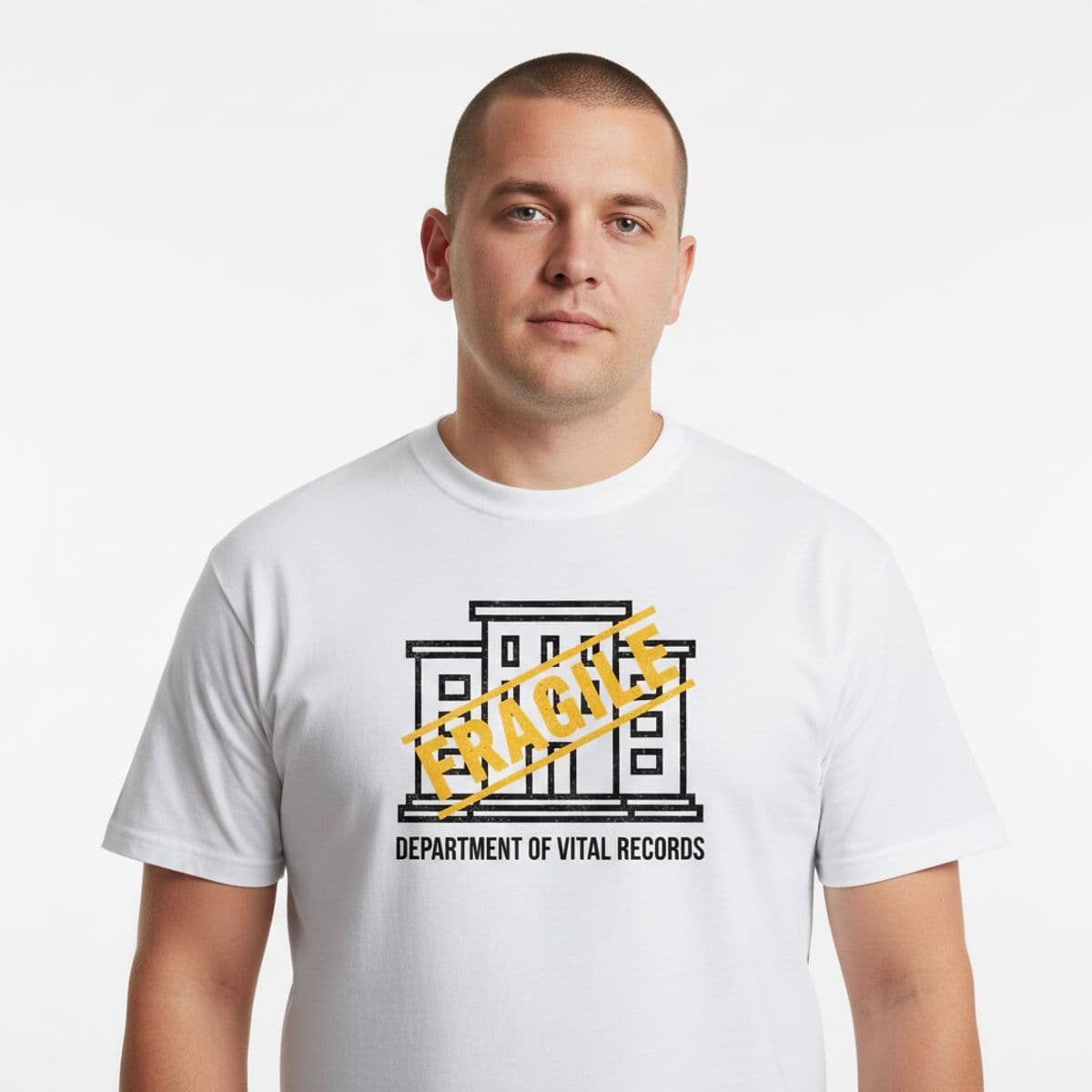 The Thick Dog-Eared Ledger printed on a t-shirt, worn
