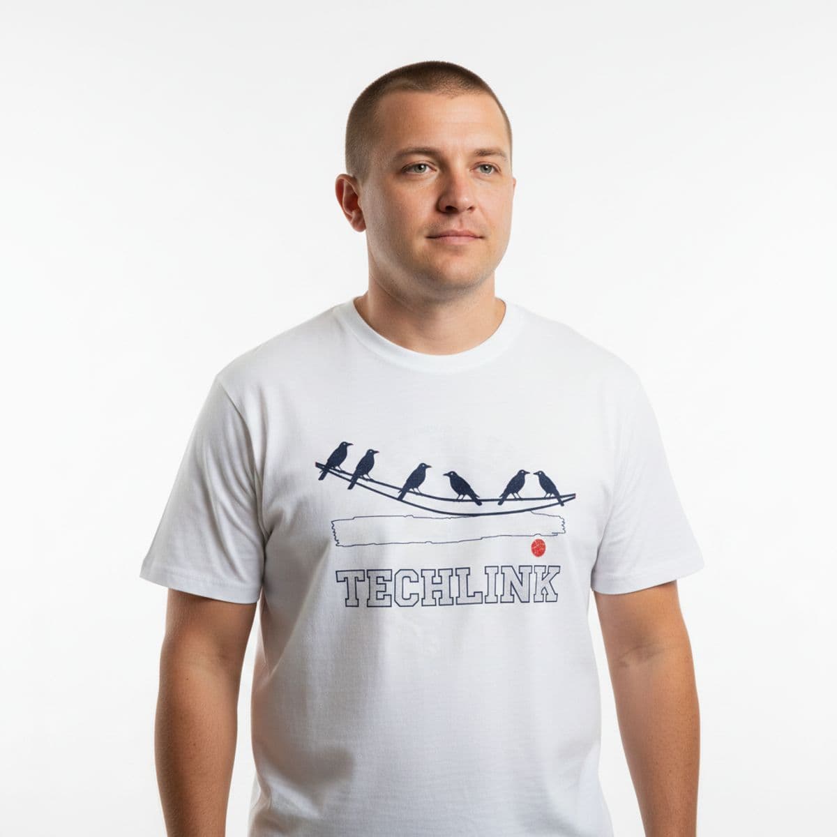 The Tower and a Small Bird printed on a t-shirt, worn