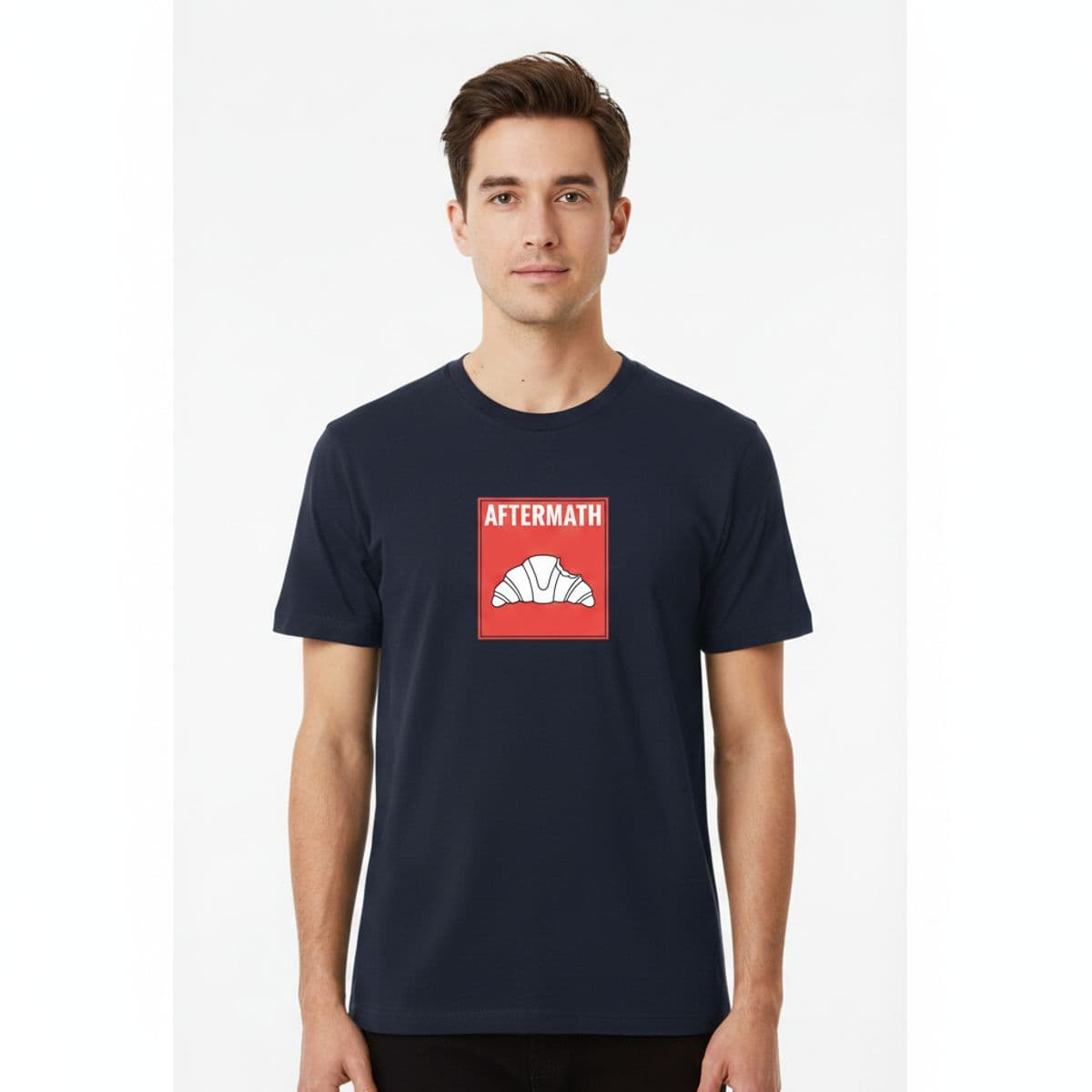 The Unfinished Almond Croissant printed on a t-shirt, worn