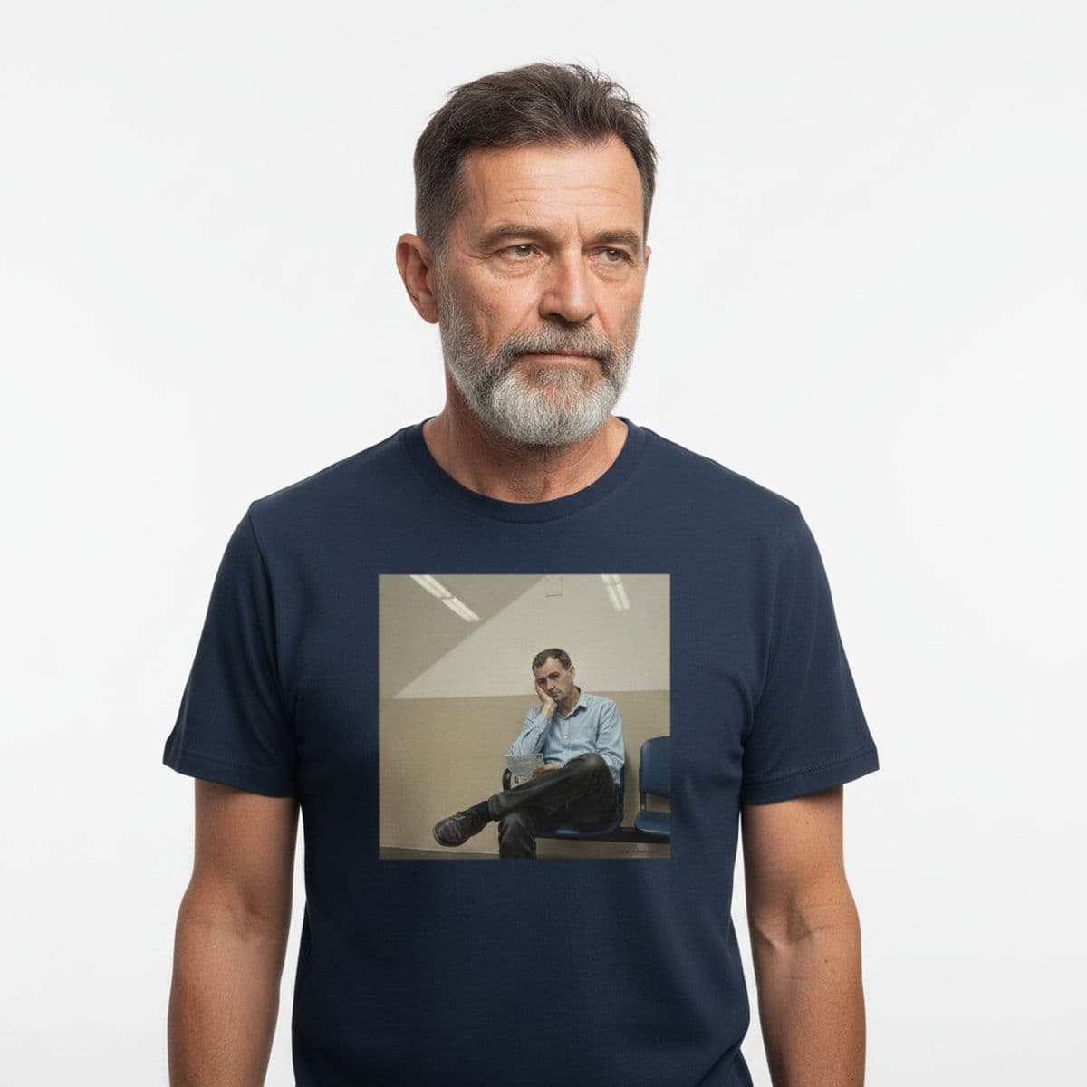 The Visa Approved printed on a t-shirt, worn