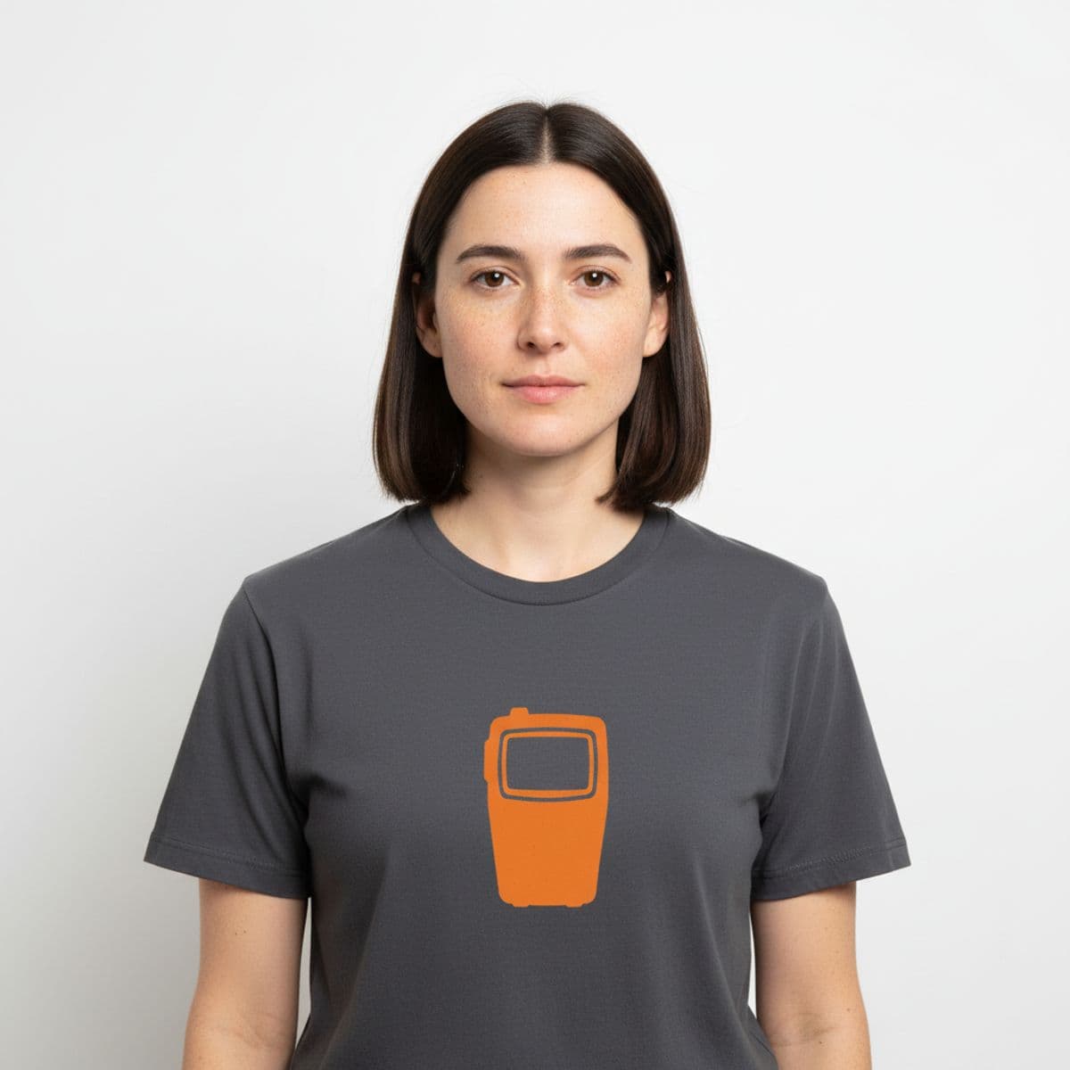 The Woman with the Pager printed on a t-shirt, worn