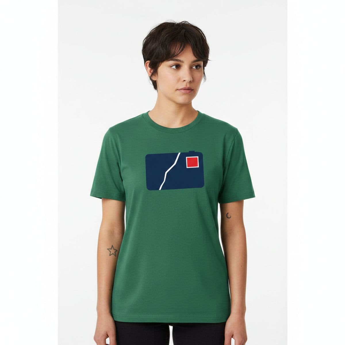 The Worn Keds and Radio printed on a t-shirt, worn