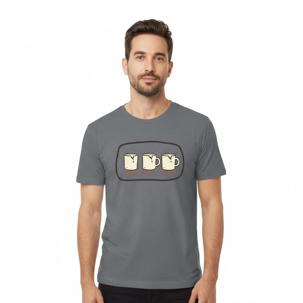 Three Cups and a Deck printed on a t-shirt, worn