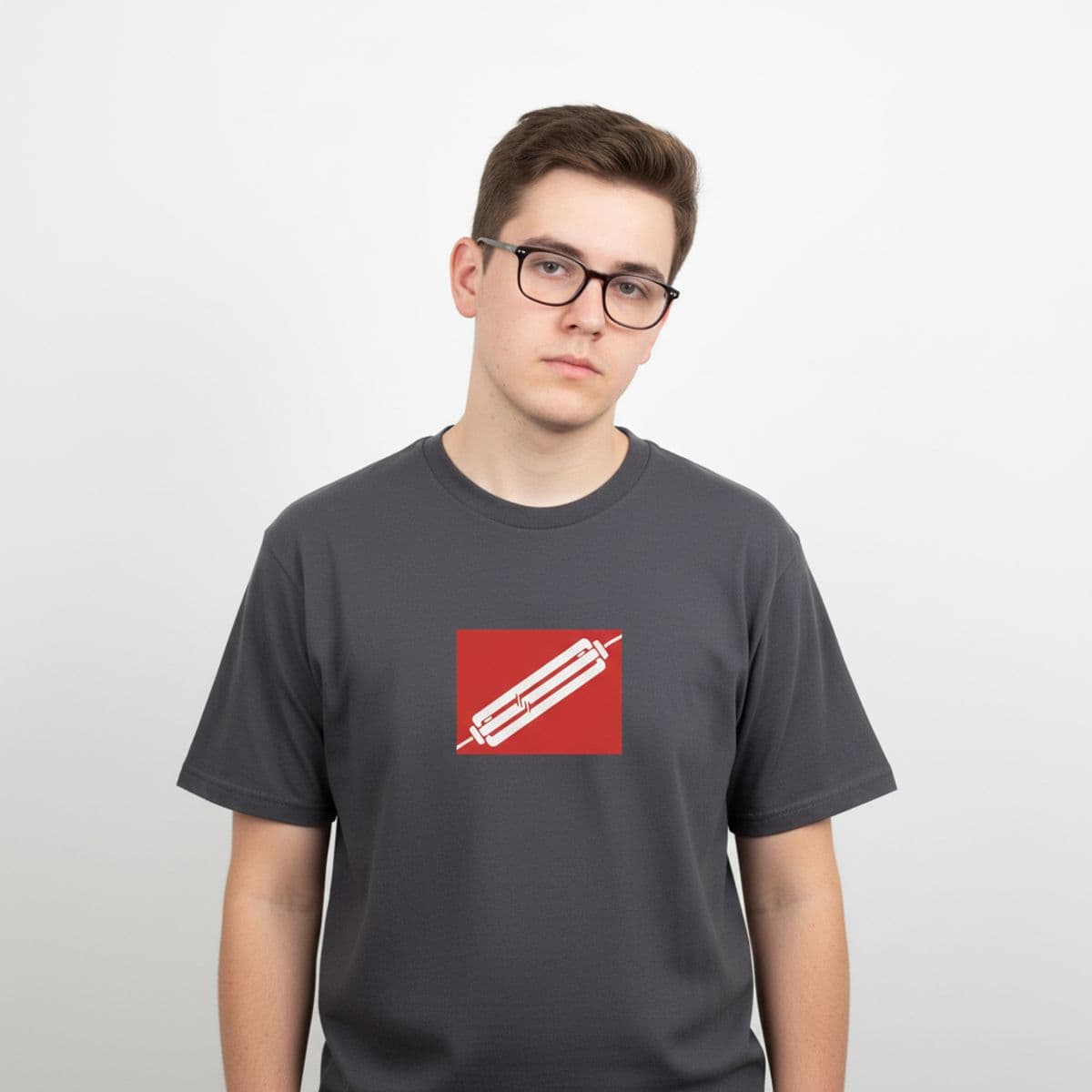 Three Men and a Hamburger printed on a t-shirt, worn