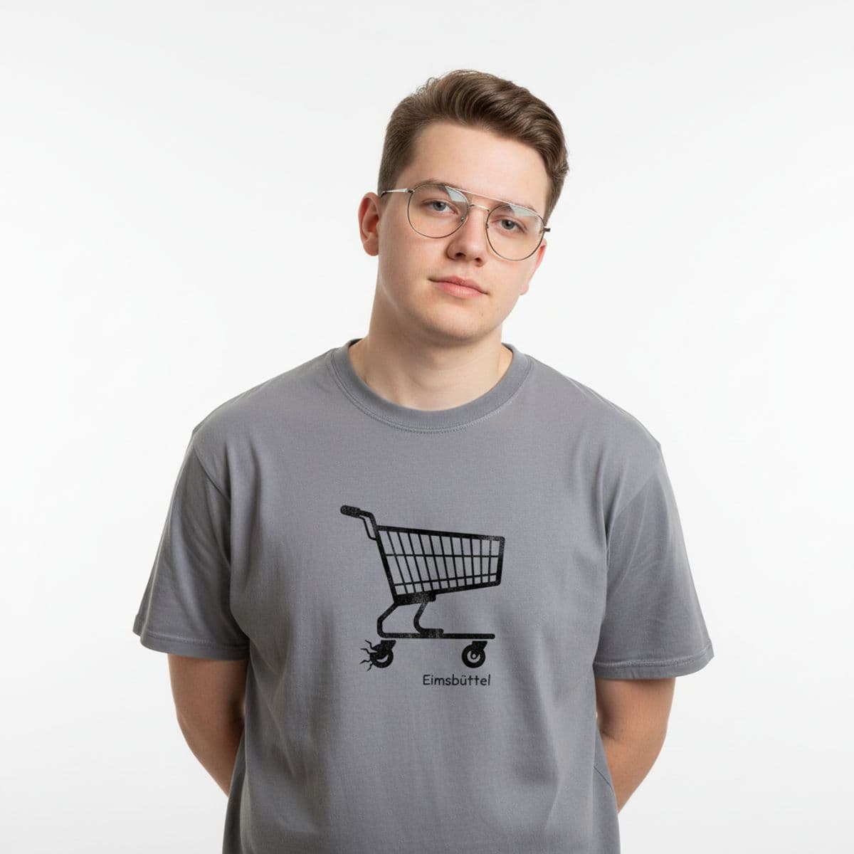 Tilting the Shopping Cart printed on a t-shirt, worn