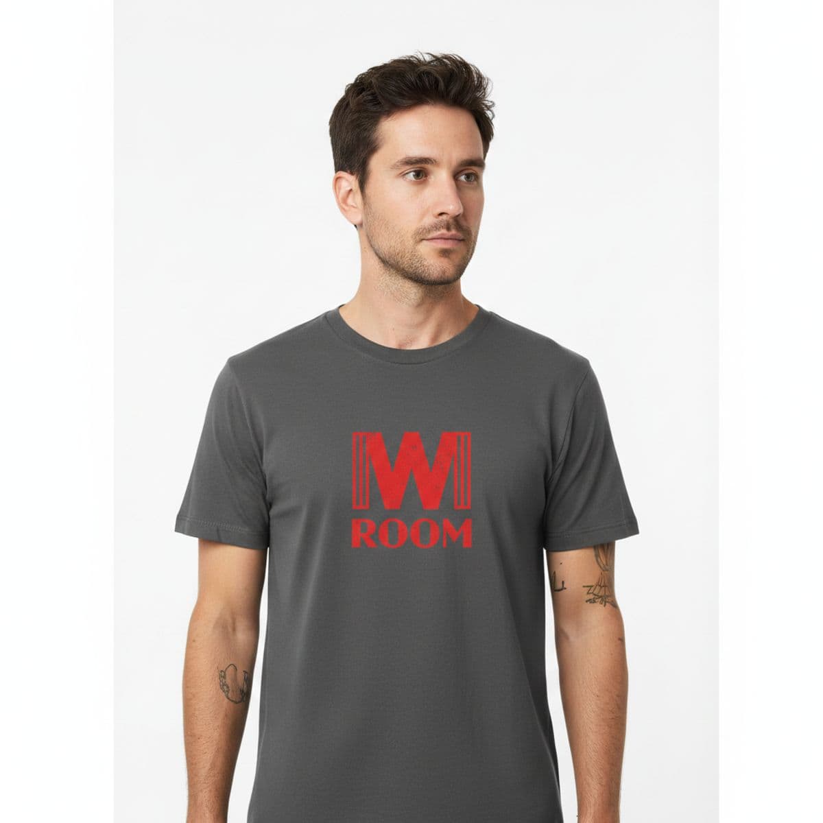 Tracing the Ceiling Cracks printed on a t-shirt, worn