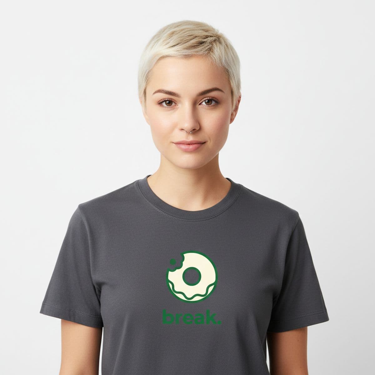 Two Men and a Donut printed on a t-shirt, worn