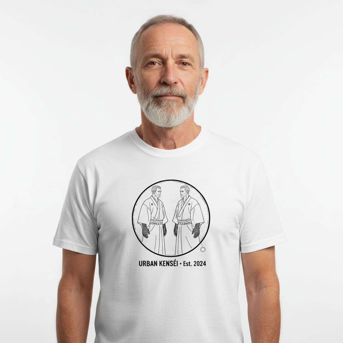 Two Men Observing the Packaging printed on a t-shirt, worn