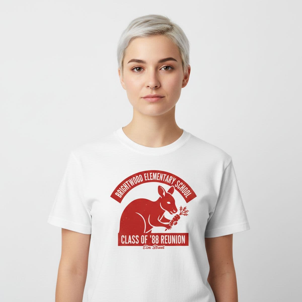 Untitled (Brightwood Elementary) printed on a t-shirt, worn