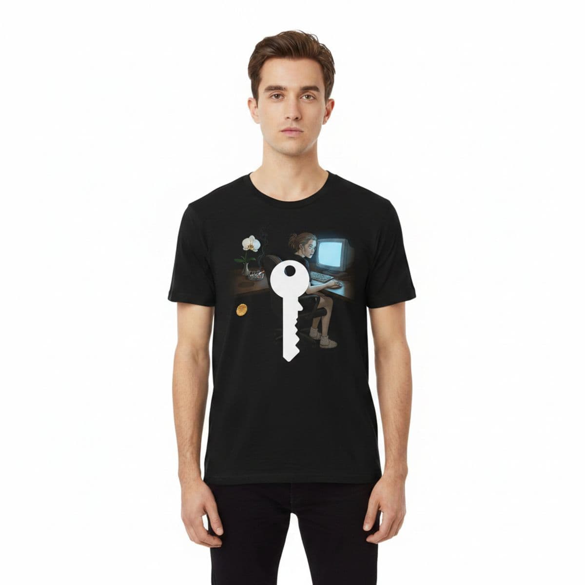 Yale Key on a Sticky Desk printed on a t-shirt, worn