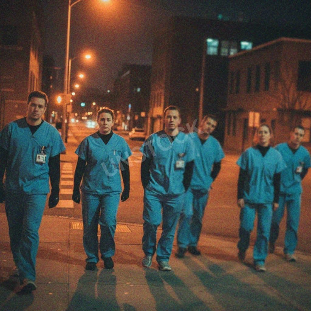 5 people in scrubs after a long shift, crossing the street a — Iain Fraser-Campbell · MODULAR one-of-a-kind original