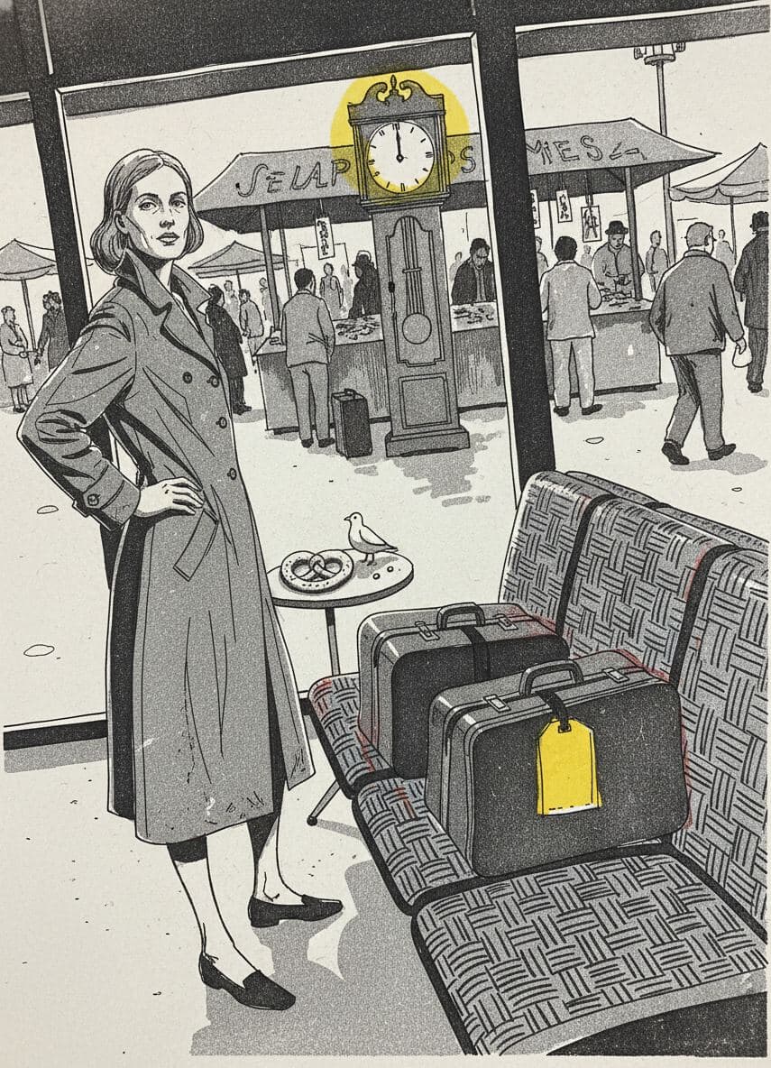 Airport Lounge with a Stopped Clock — print by Irmela Bechmann — MODULAR · a one-of-a-kind original