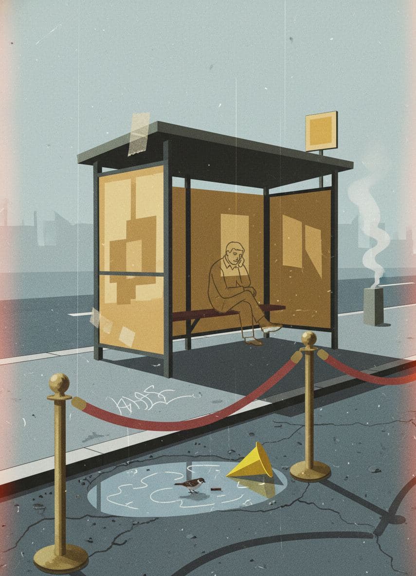 Bus Stop with a Toppled Cone — collage by Irmela Bechmann — MODULAR · a one-of-a-kind original