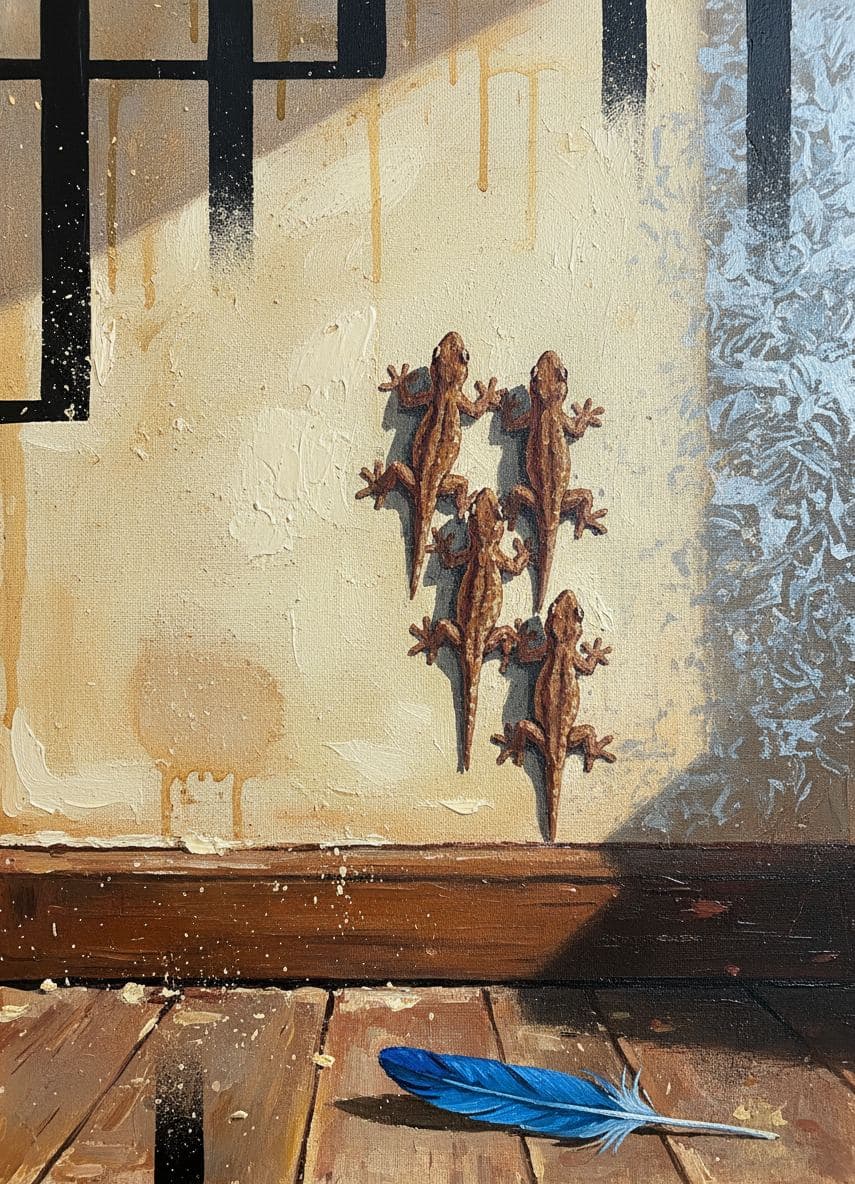 Chipped Wall with Blue Feather — abstract work by Viktor Eklund — MODULAR · a one-of-a-kind original