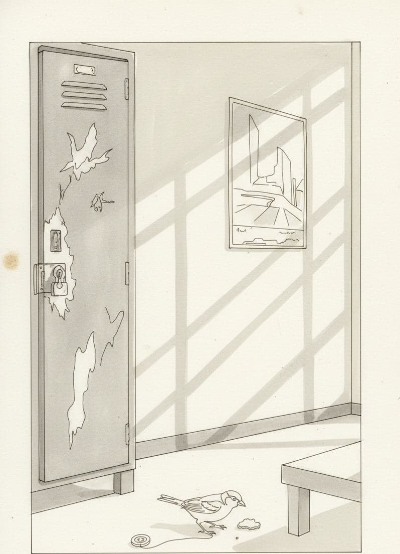 City Bus Terminal with a Sparrow — painting by Agnete Holm — MODULAR · a one-of-a-kind original