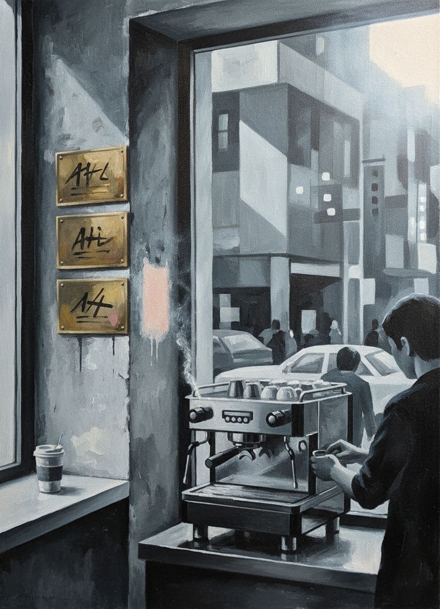 Coffee Shop with a Missing Plaque — abstract work by Viktor Eklund — MODULAR · a one-of-a-kind original