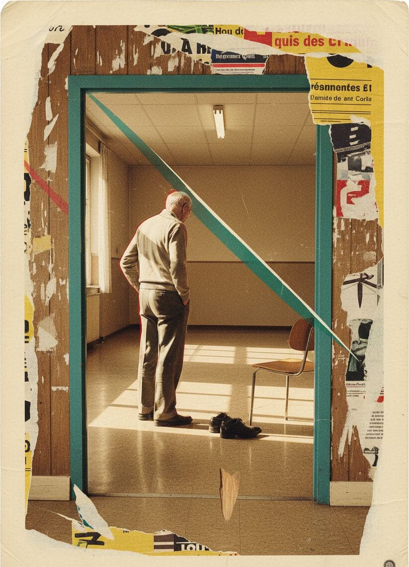 Community Hall with Unscuffed Shoes — collage by Irmela Bechmann — MODULAR · a one-of-a-kind original