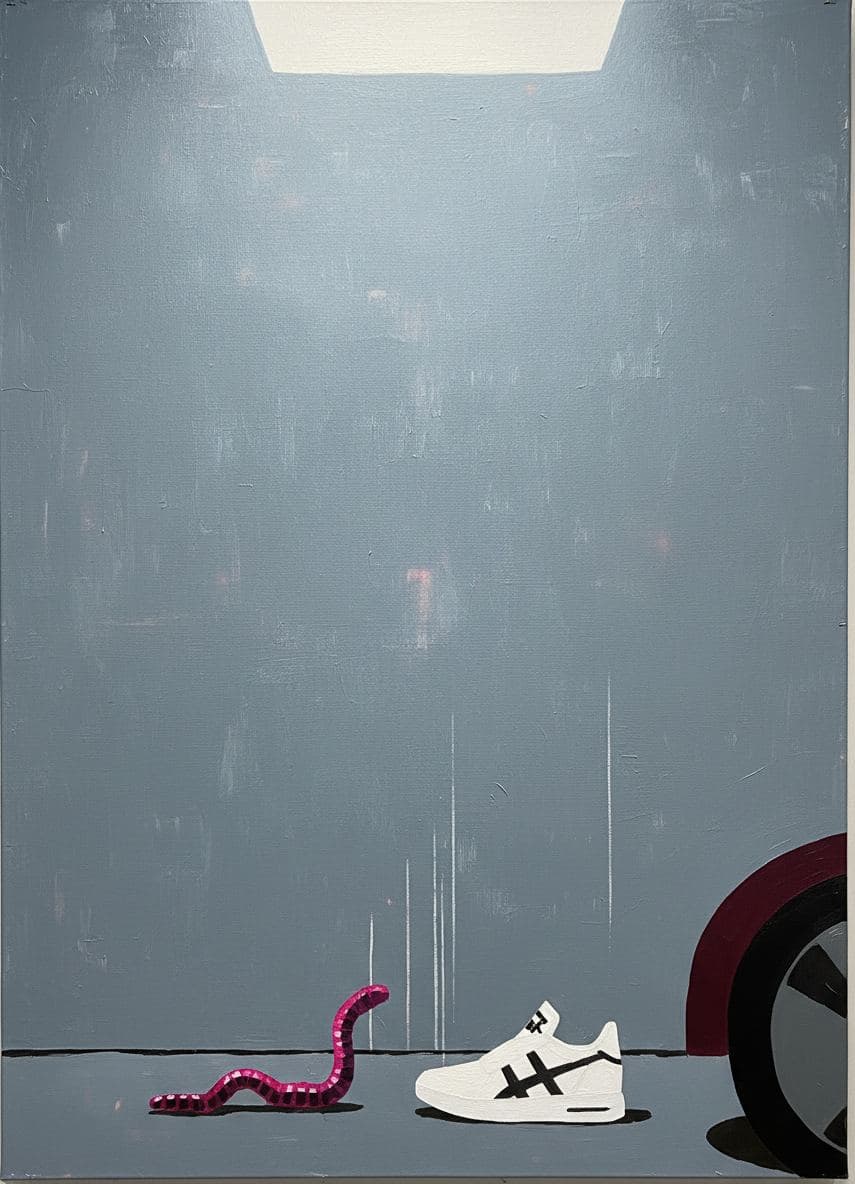 Crimson EV and the Polished Floor — abstract work by Saskia Vandenberg — MODULAR · a one-of-a-kind original