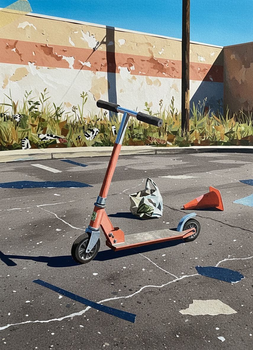 Cul-de-Sac with a Coral Scooter — collage by Irmela Bechmann — MODULAR · a one-of-a-kind original