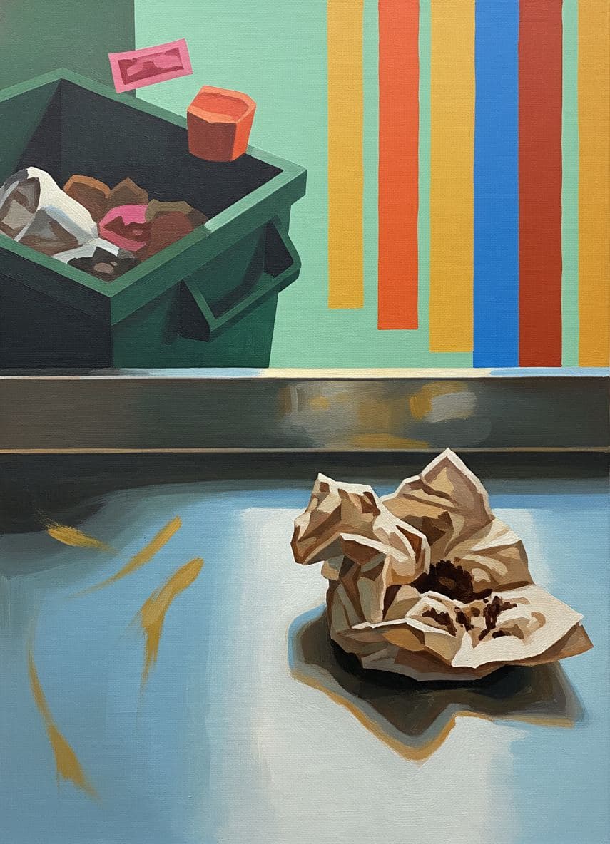 Dumpster Lid with a Condiment Packet — abstract work by Saskia Vandenberg — MODULAR · a one-of-a-kind original