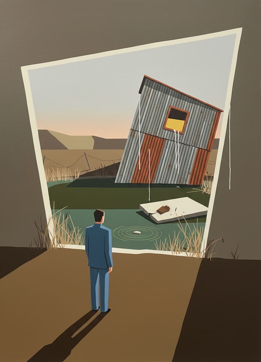 Figure Contemplating the Shed — abstract work by Saskia Vandenberg — MODULAR · a one-of-a-kind original