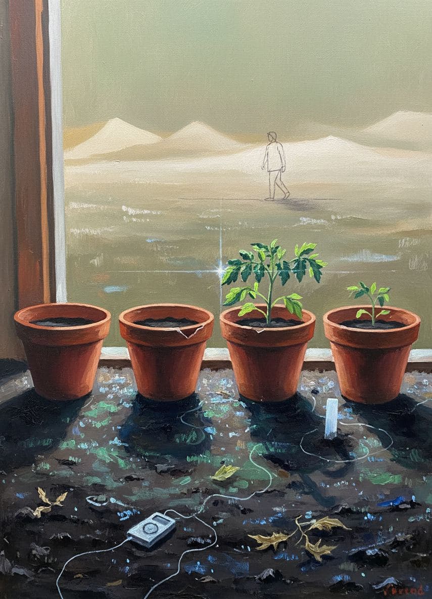 Gardener Listening to the Mix CD — painting by Viktor Eklund — MODULAR · a one-of-a-kind original