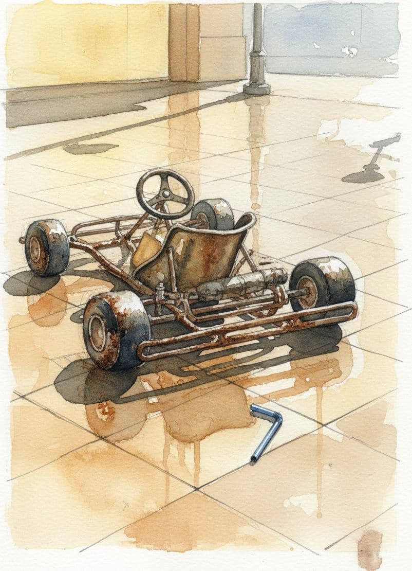 Go-Kart at the Threshold — painting by Agnete Holm — MODULAR · 13 × 18 cm limited edition of 10
