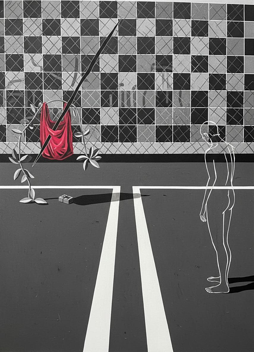Half-Court with a Limp Crimson — abstract work by Saskia Vandenberg — MODULAR · a one-of-a-kind original