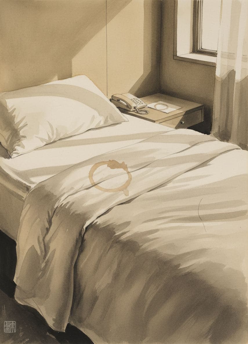 Hotel Room with Coffee Stain — painting by Wenfeng Lu — MODULAR · a one-of-a-kind original