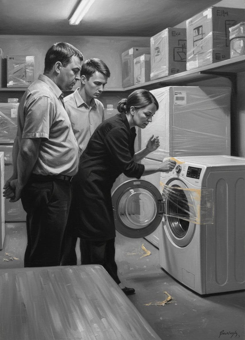 Lena Inspects the Washing Machine — painting by Rafał Zborowski — MODULAR · a one-of-a-kind original