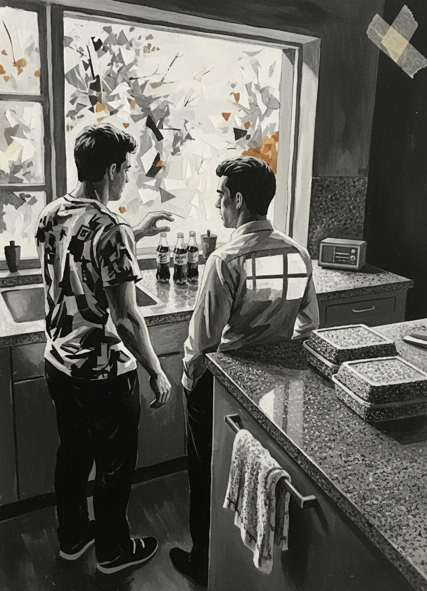 Liam Pauses Near the Bottles — collage by Irmela Bechmann — MODULAR · a one-of-a-kind original
