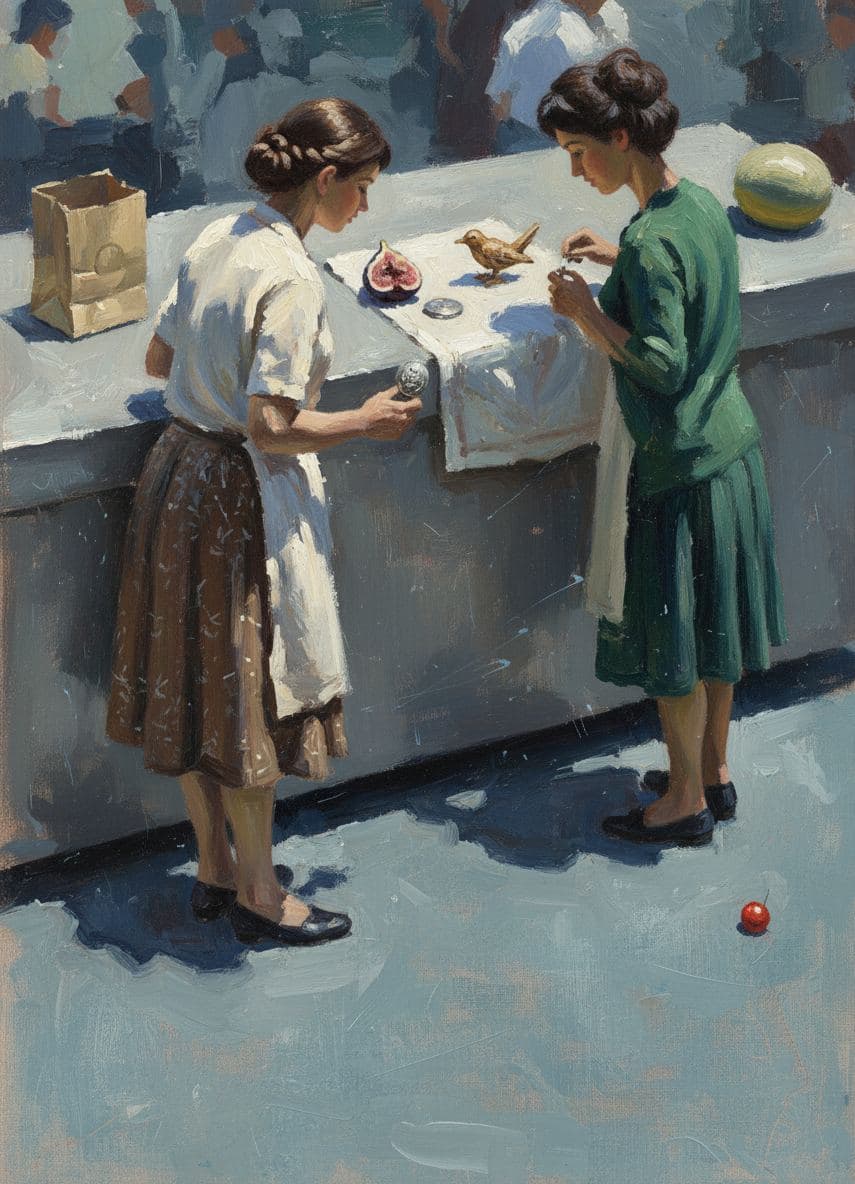 Market Stall with a Rolling Cherry — abstract work by Saskia Vandenberg — MODULAR · a one-of-a-kind original