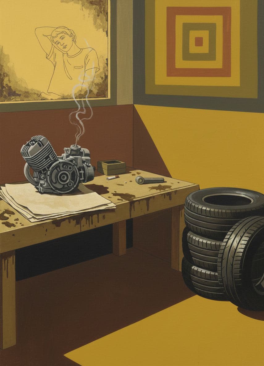 Mechanic Antonio Finishing the Crossword — abstract work by Saskia Vandenberg — MODULAR · a one-of-a-kind original