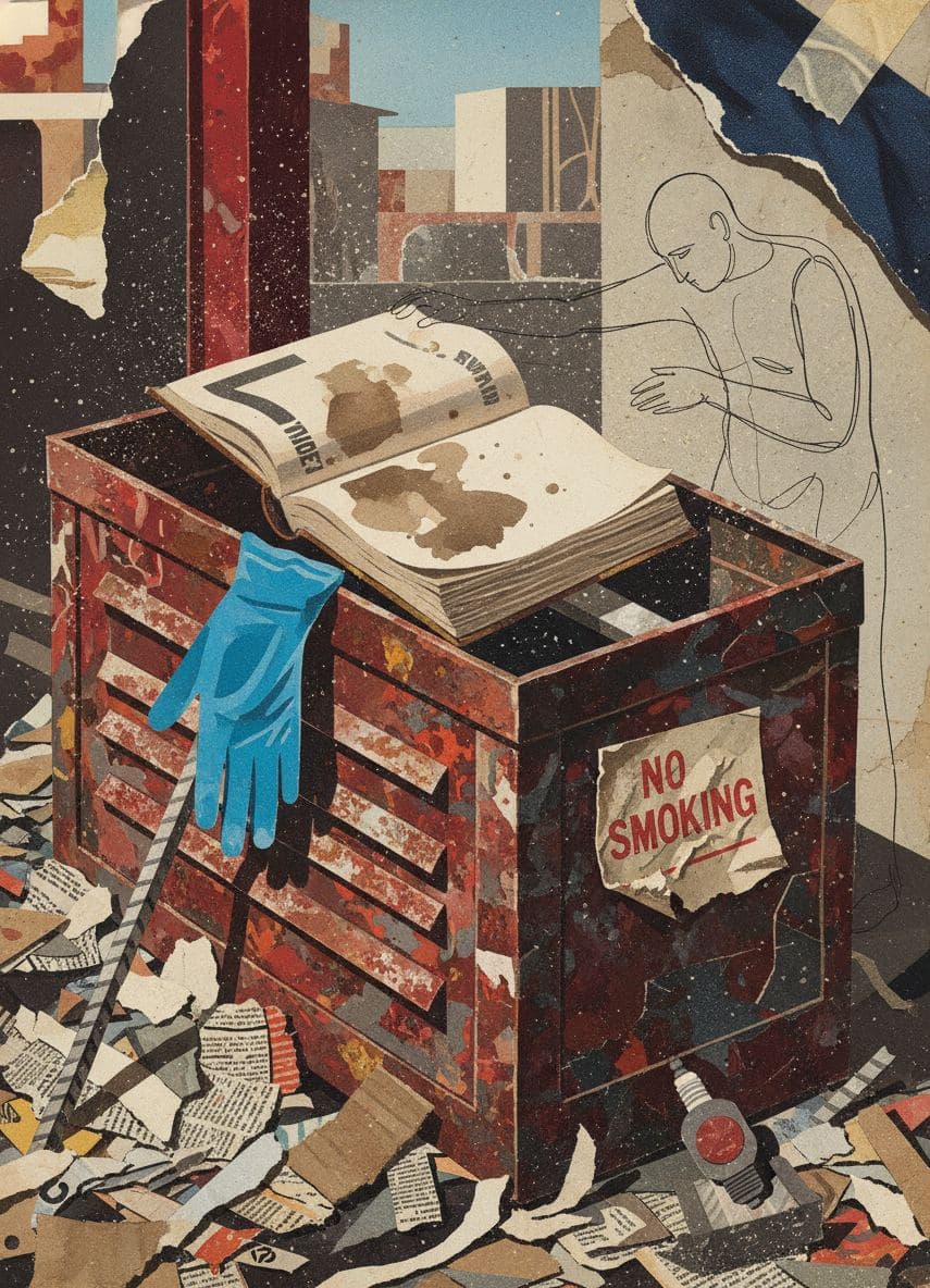 Mechanic Forgetting His Book — collage by Irmela Bechmann — MODULAR · a one-of-a-kind original